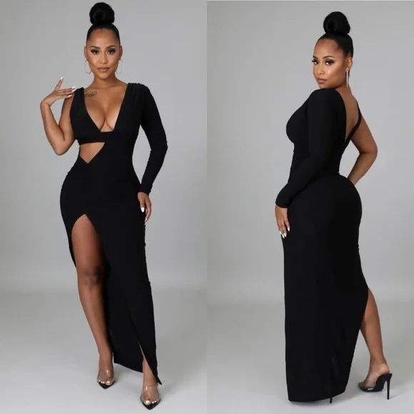 NEW TRENDY BLACK ONE SHOULDER FITTED MAXI DRESS - Picture 4 of 9